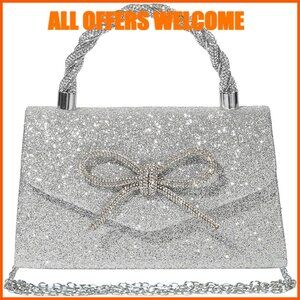 Sparkly Bow Clutch Evening Bag Faux Leather Rhinestone Wedding Party